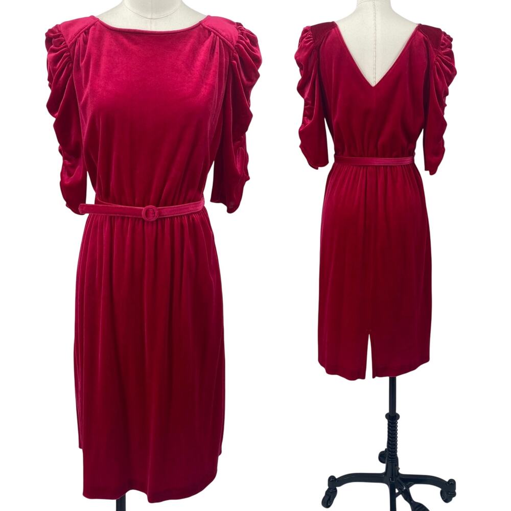 Vintage 80s Velvet Dress Belted A Line Ruched Puff Sleeve Hot Pink Womens XS